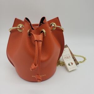 1492- Ana Paola Italian Genuine Leather Bucket Bag Orange NWT